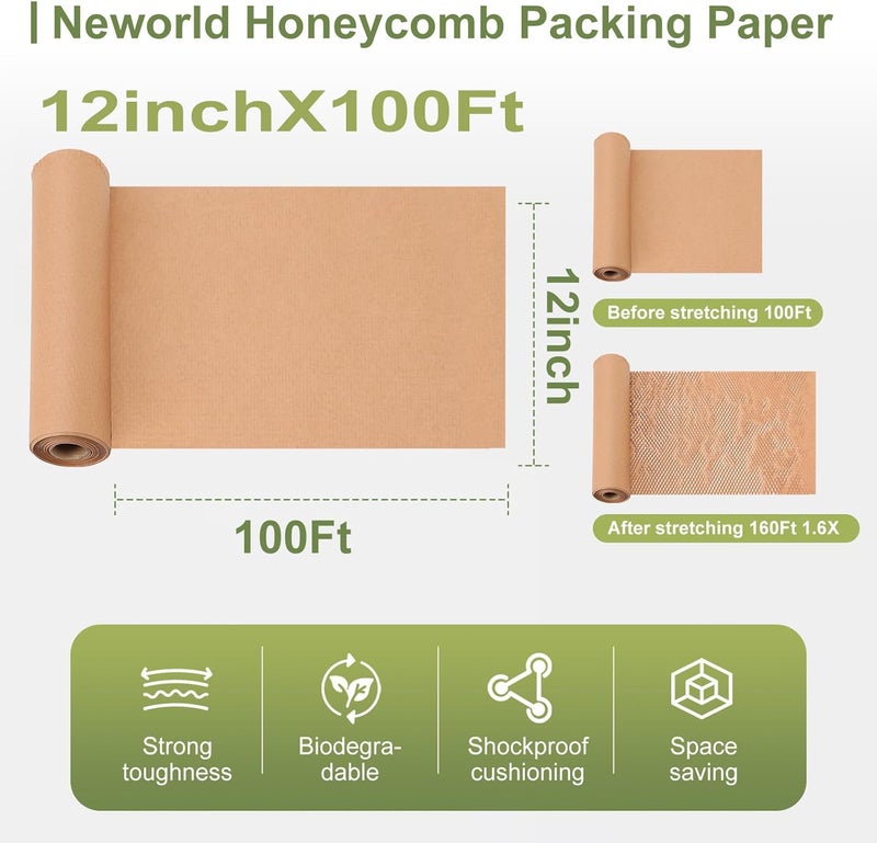 NEWorld ورق تعبئة على شكل خلية نحل، 12" × 100' لفافة فقاعية صديقة للبيئة للتغليف، ورق تغليف للمنتجات والهدايا، مادة تعبئة قابلة لإعادة التدوير مع 20 ملصق هش - Image 2